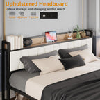 LIKIMIO California King Size Bed Frame, Storage Headboard with Charging Station, Platform Bed with Drawers, No Box Spring Needed, Easy Assembly, Wood and Cream
