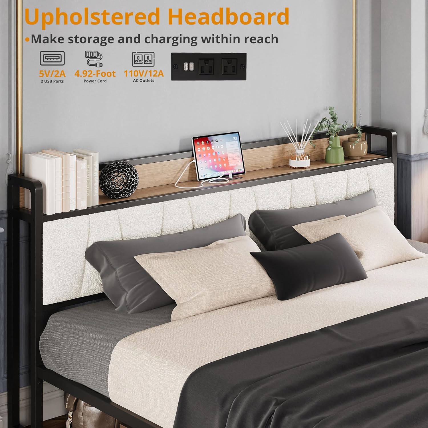 LIKIMIO California King Size Bed Frame, Storage Headboard with Charging Station, Platform Bed with Drawers, No Box Spring Needed, Easy Assembly, Wood and Cream