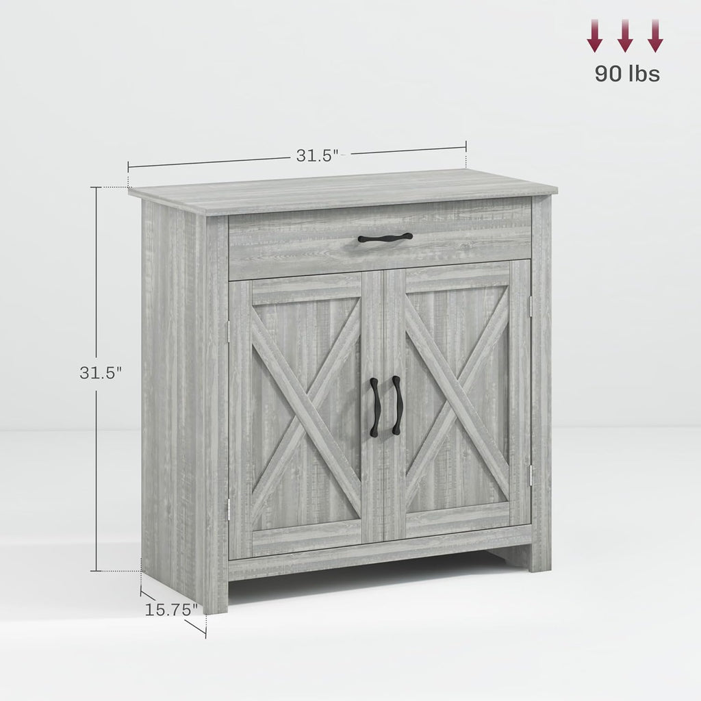 HOMCOM Farmhouse Sideboard Buffet Cabinet, Barn Door Coffee Bar Cabinet with Drawer and Adjustable Shelf for Kitchen, Living Room, Entryway, Stone Gray