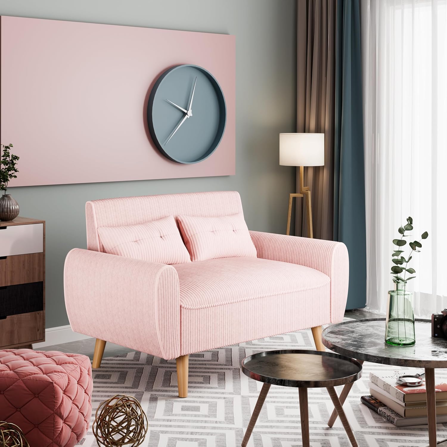 Vongrasig 47" Small Modern Loveseat Sofa, Mid Century Soft Corduroy Fabric 2-Seat Sofa Couch Tufted Love Seat with Back Cushions and Tapered Legs for Living Room, Bedroom and Small Space (Pink)