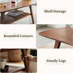 100% Solid Wood Coffee Table with Storage Shelf, 2-Tier Wooden Center Table for Living Room, Farmhouse Rustic Rectangle Table, Easy Assembly,31.49 Inch