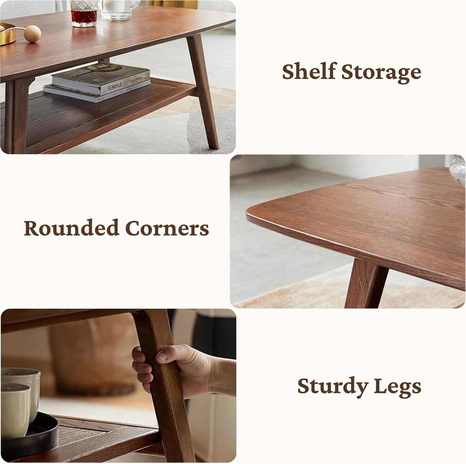100% Solid Wood Coffee Table with Storage Shelf, 2-Tier Wooden Center Table for Living Room, Farmhouse Rustic Rectangle Table, Easy Assembly,31.49 Inch