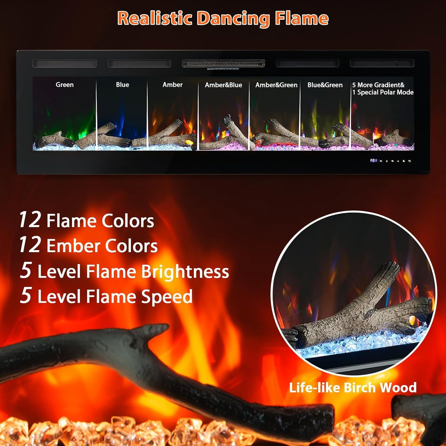 60 in Electric Fireplace, Recessed/Wall Mounted Linear Fireplace with WiFi & Remote Control, Multicolor Flame Effect, 750W/1500W Heating, Includes Log & Crystal Decor, Black