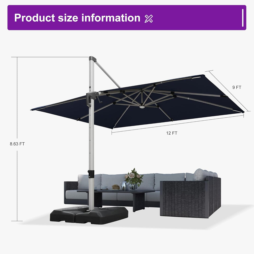 PURPLE LEAF 9' X 12' Patio Umbrella with Lights Outdoor Rectangle Cantilever Umbrella Solar Powered LED with 360-degree Rotation for Garden Deck Pool Patio, Navy Blue