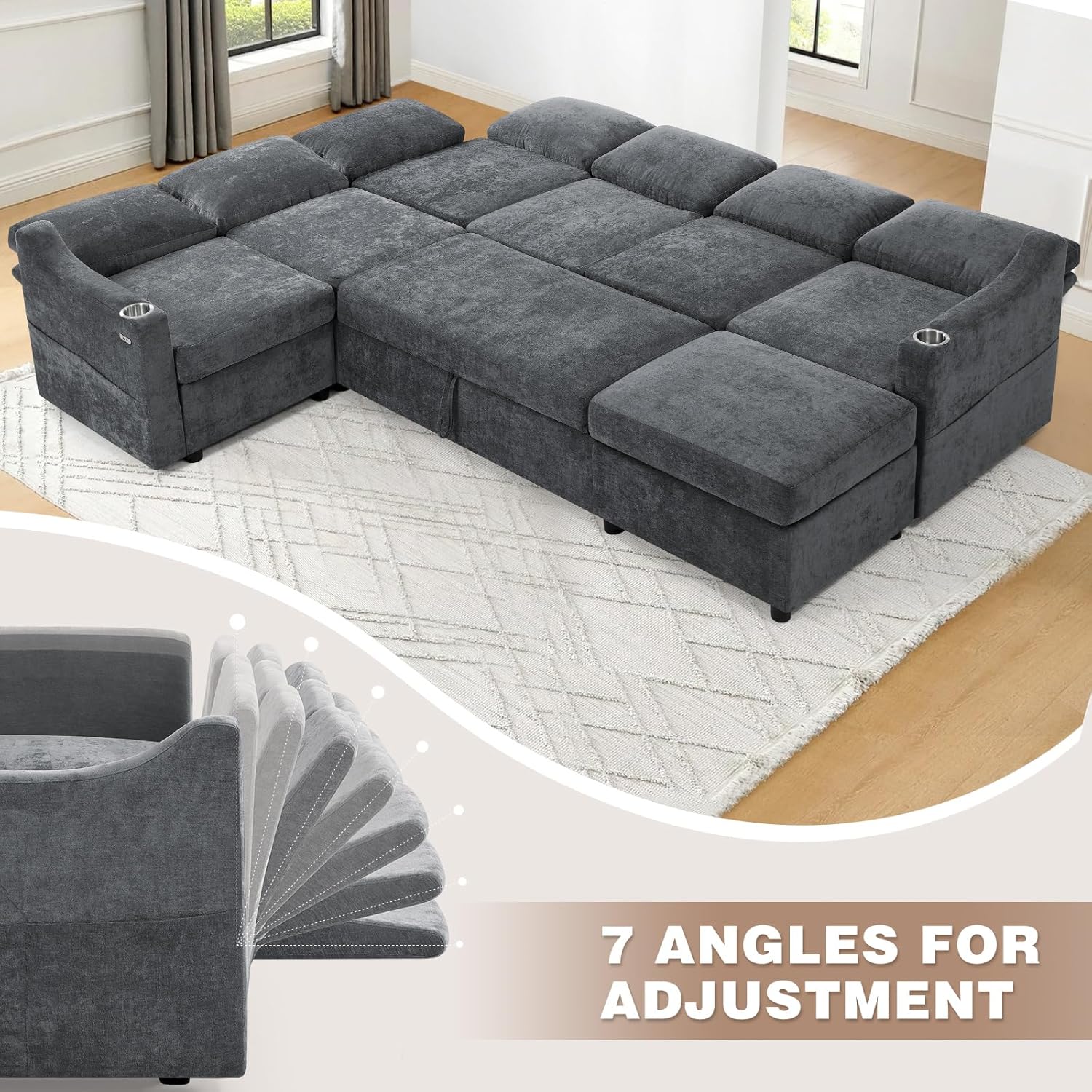 116" Chenille Modular Sofa Bed w/Adjustable Backrests, U-Shape Sleeper Sofa w/USB Ports & Storage Space, Convertible Corner Sectional Couch w/Pull Out Bed for House, Living Room, Grey