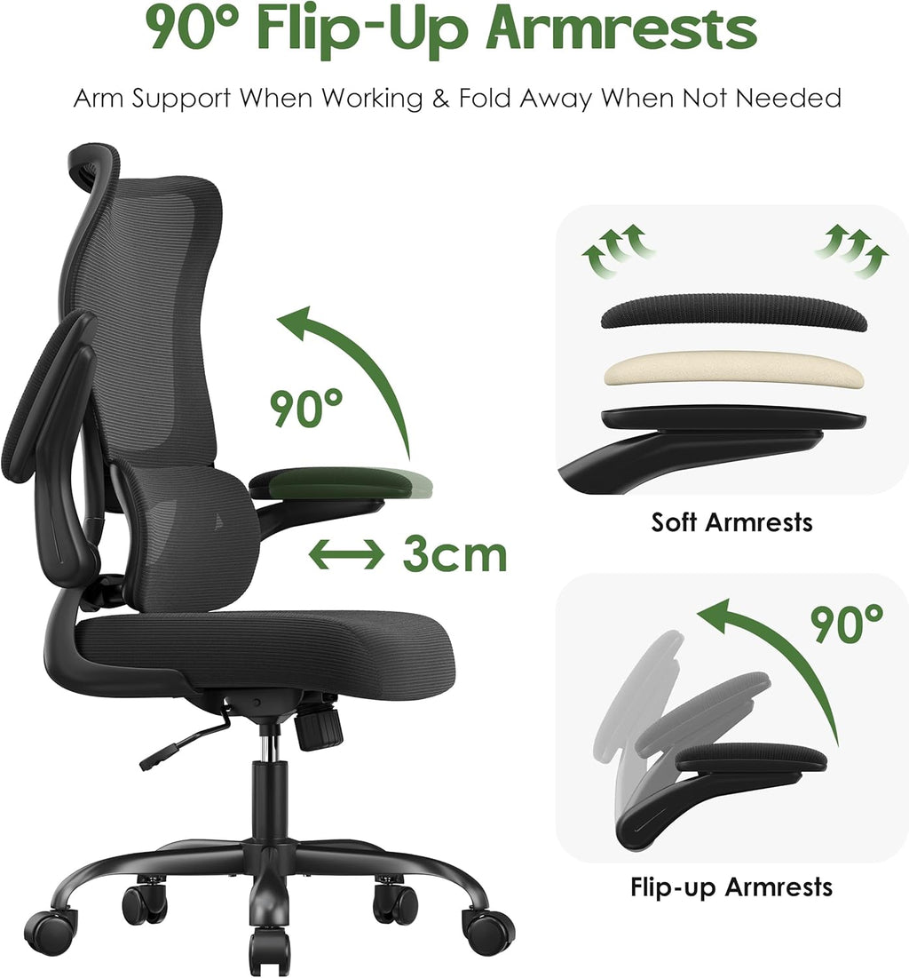Office Chair Ergonomic Desk Chair - Comfy Mesh High Back Office Chair with Lumbar Support Wheel Home Desk Office Chairs Flip up Armrest Executive Rolling Swivel Task Computer Chair Black Silver