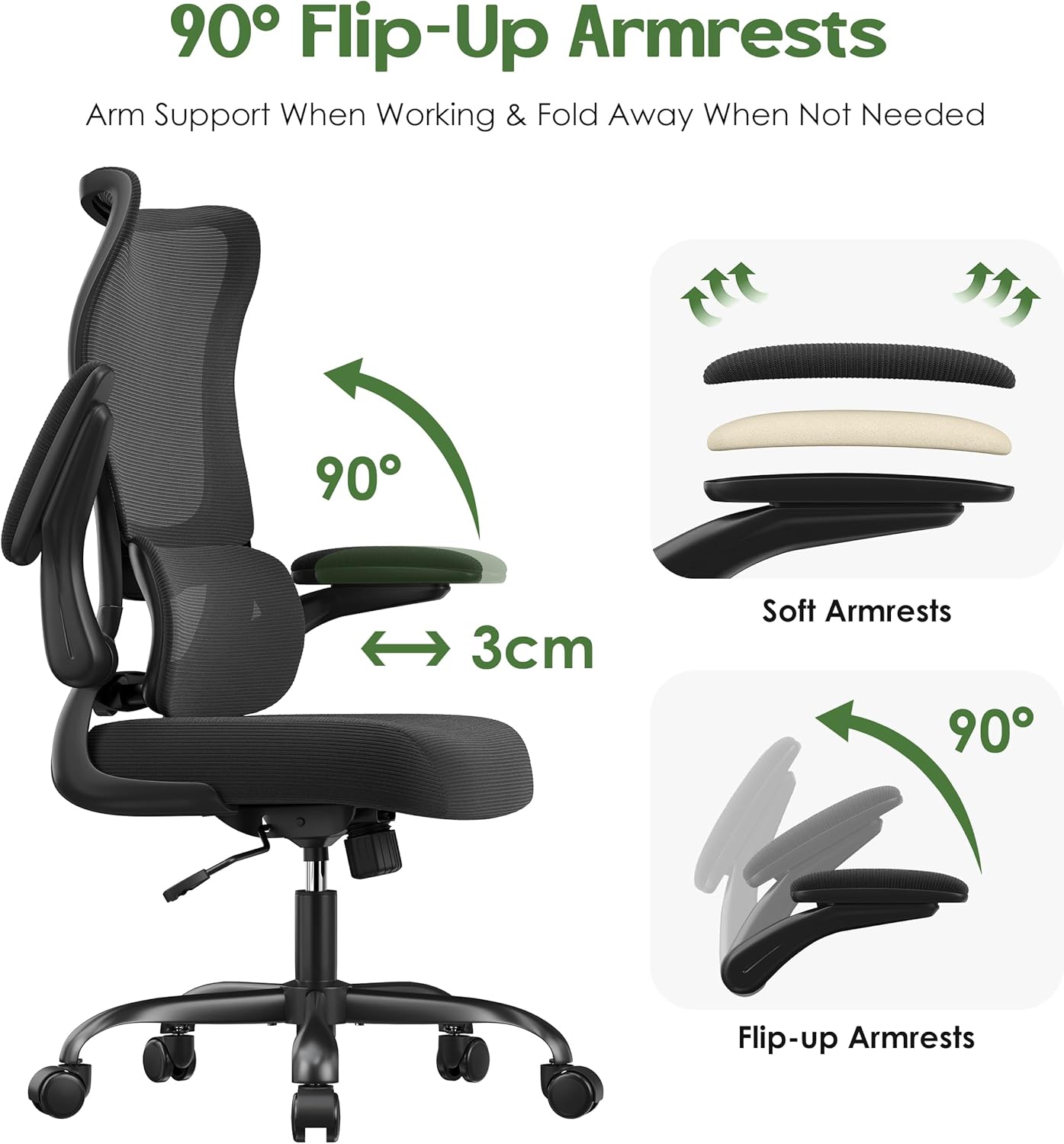 Office Chair Ergonomic Desk Chair - Comfy Mesh High Back Office Chair with Lumbar Support Wheel Home Desk Office Chairs Flip up Armrest Executive Rolling Swivel Task Computer Chair Black Silver