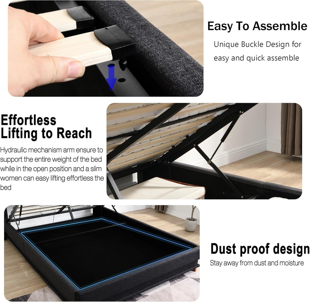 Lift Up Storage Bed Full, Bed Frame Full Size with Charging Station & Led Lights, Upholstered Storage Bed with Wingback 2-Tier Bookcase Headboard, Hydraulic Lift, No Box Spring Needed,Black | lift up bed, breathable material