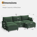 Apicizon 108" Cloud Couch Sectional, 3-Seat Deep Cloud Sofa with Ottoman, Modern U Shape Sectional Sofa Corduroy for Living Room, Apartment, Office, Green