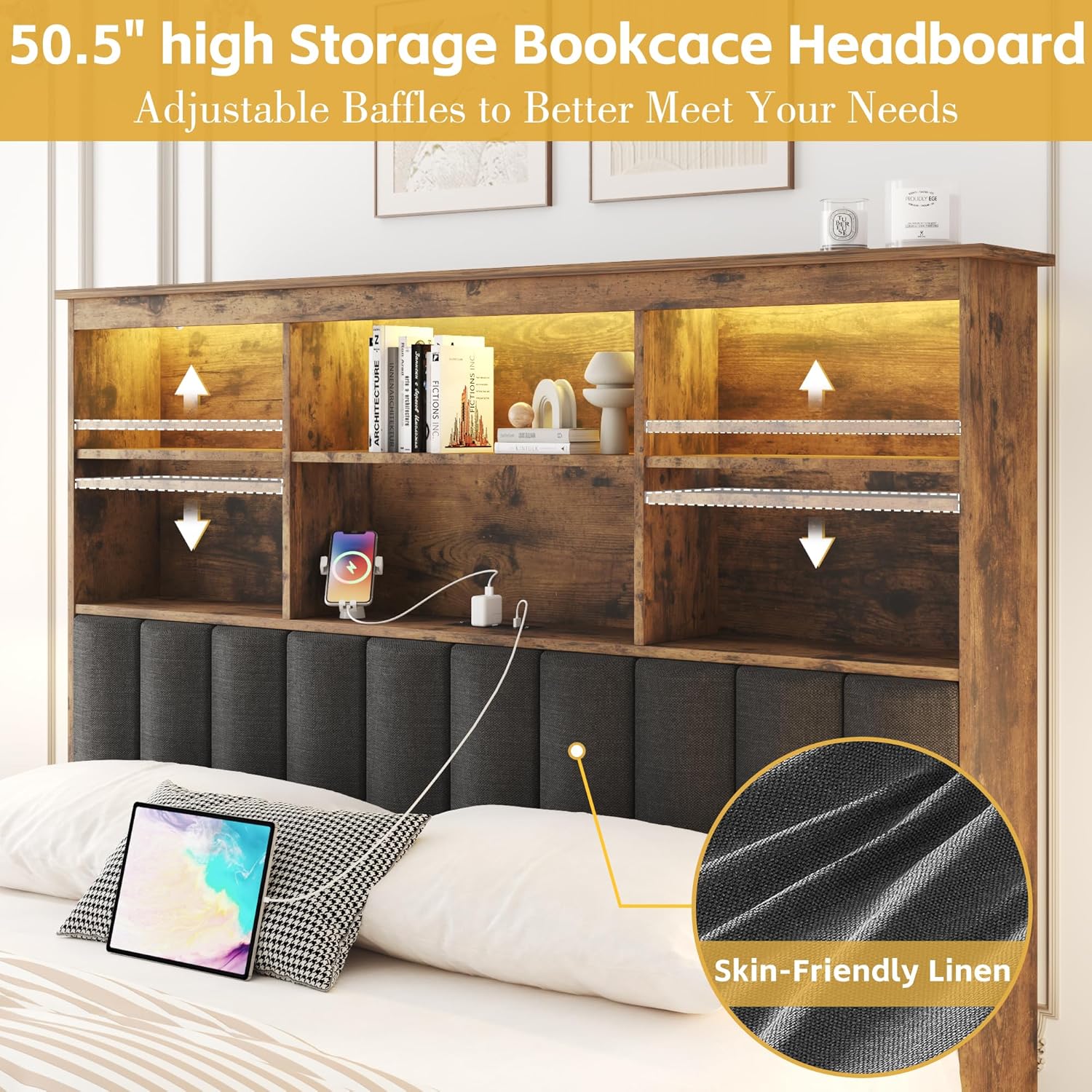 Lifezone Queen Bed Frame with Headboard, Queen Bed Frame with High Storage Bookcase Headboard, 4 Storage Drawers & Charging Station, No Box Spring Needed/Noise Free/All-Metal Support, Vintage Brown