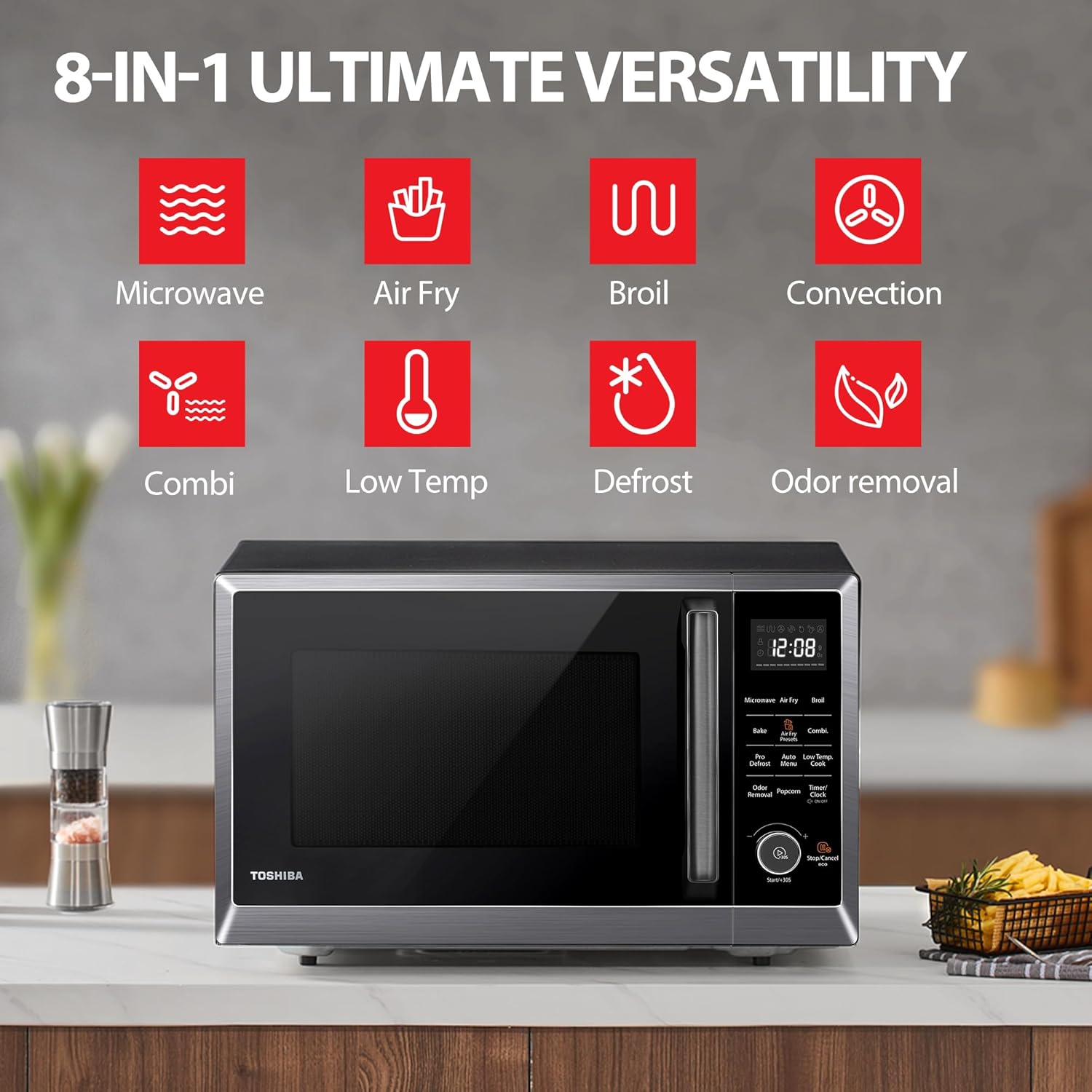 TOSHIBA Air Fryer Combo 8-in-1 Countertop Microwave Oven, with Convection, Broil, Odor Removal Mode, 12.4" Position Memory Turntable, Child-Lock, 1.0 Cu.ft, Black Stainless Steel, ML2-EC10SA(BS)