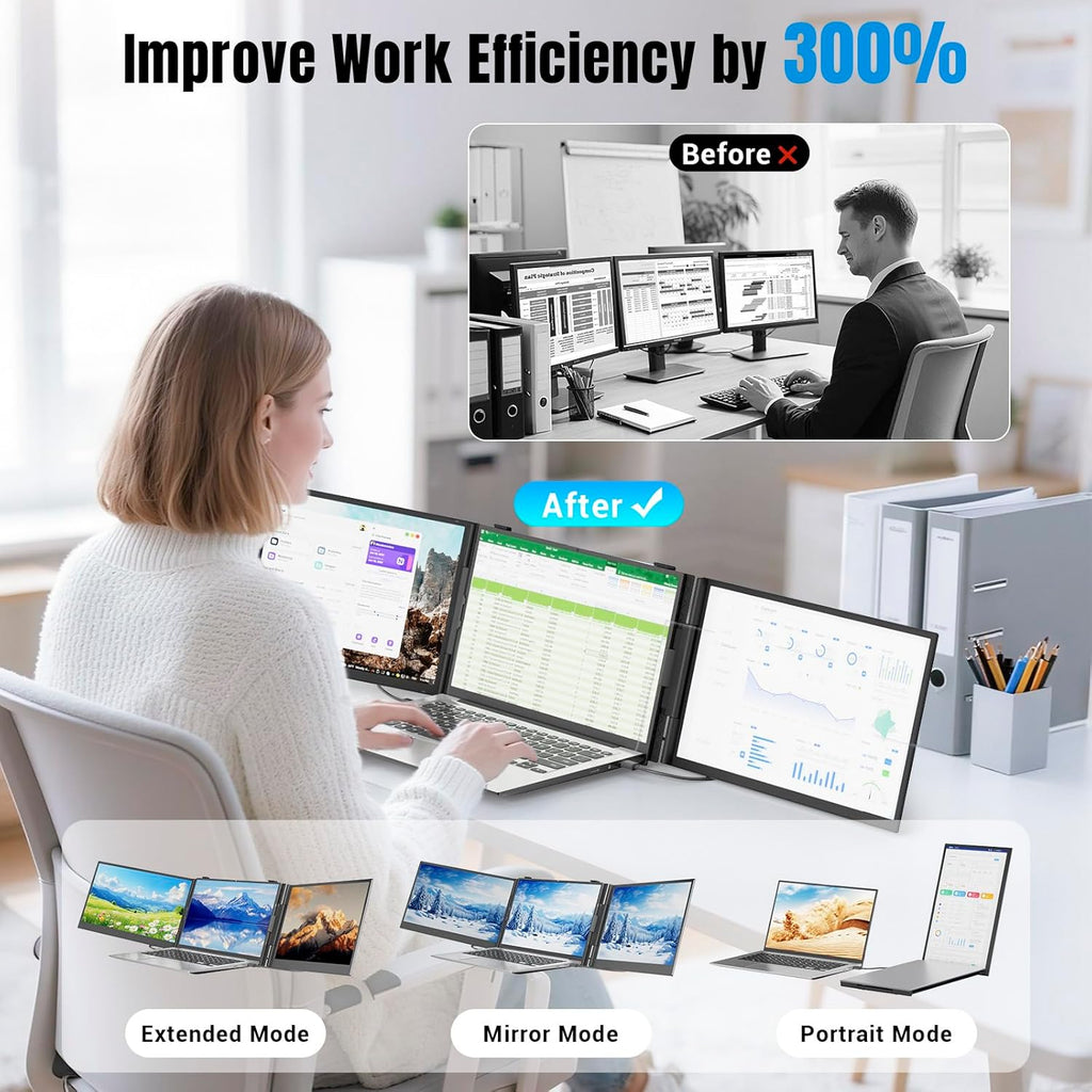 Laptop Screen Extender 0.17" Ultra-Thin  14" 1080P FHD IPS Portable Monitor  Triple Screen Laptop Monitor Extender for 13"-17" Laptops  Plug & Play for Mac/Android/Chrome
