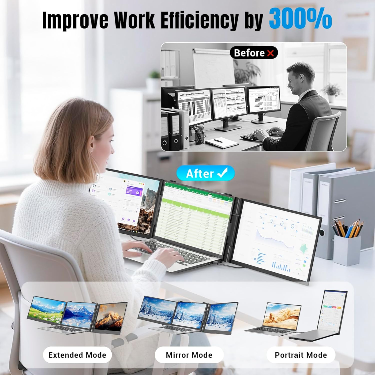 Laptop Screen Extender 0.17" Ultra-Thin  14" 1080P FHD IPS Portable Monitor  Triple Screen Laptop Monitor Extender for 13"-17" Laptops  Plug & Play for Mac/Android/Chrome