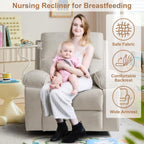 Nursery Rocking Chairs Glider Recliner with Flexible Phone Holder,Comfortable Nursing Chair Swivel Rocker Recliner for Baby Breastfeeding, Velvet, Beige