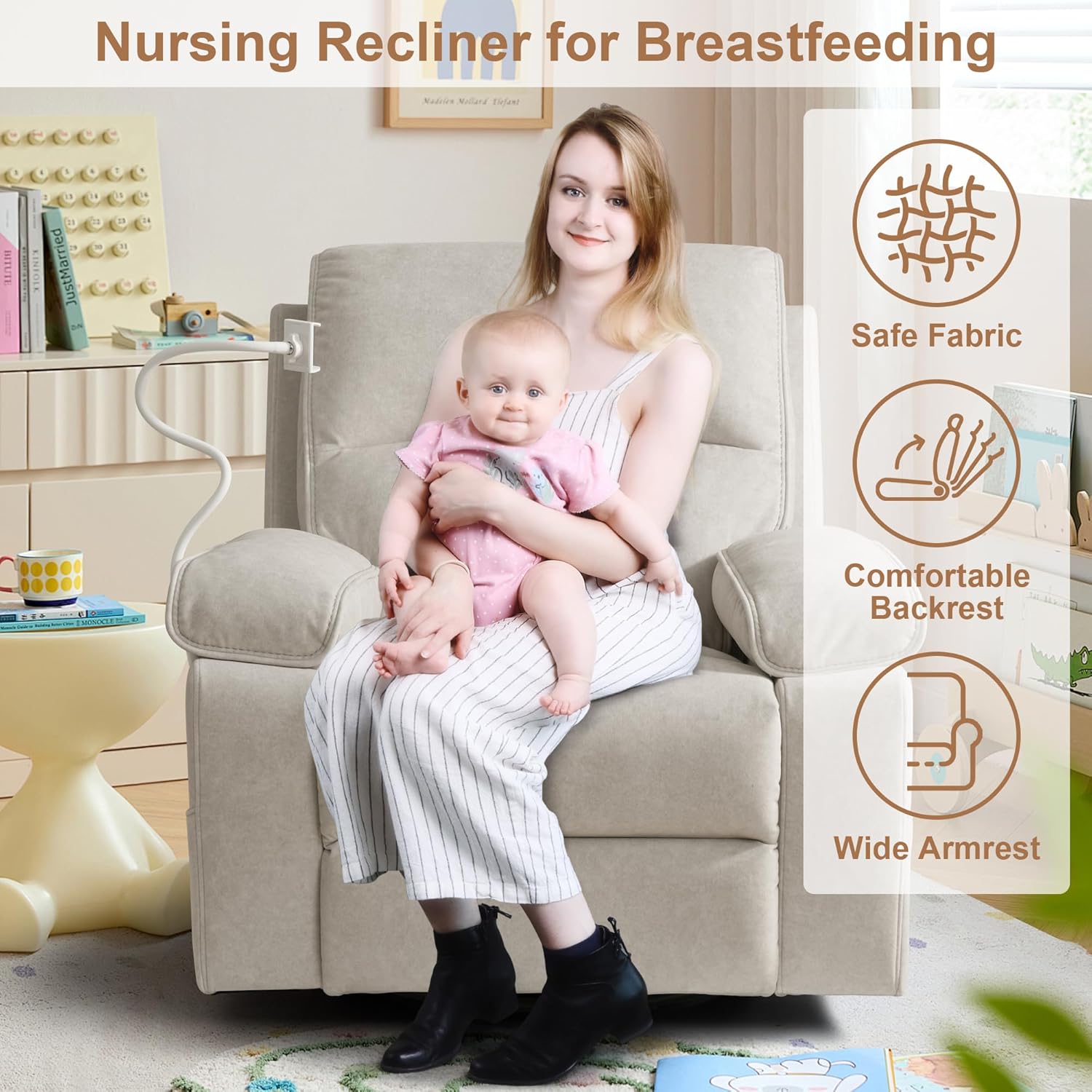 Nursery Rocking Chairs Glider Recliner with Flexible Phone Holder,Comfortable Nursing Chair Swivel Rocker Recliner for Baby Breastfeeding, Velvet, Beige