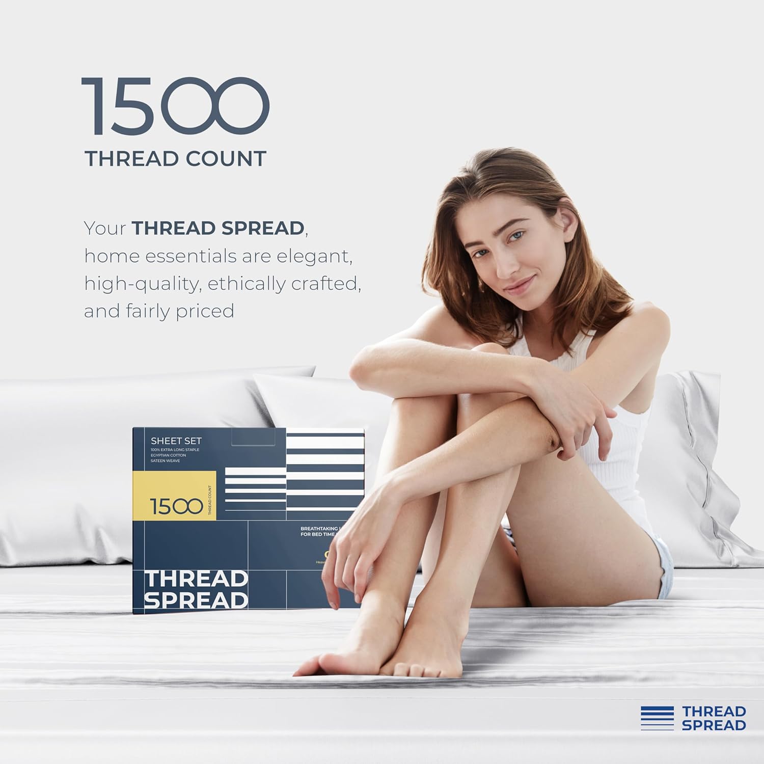 THREAD SPREAD 100% Egyptian Cotton Sheets California King Size - 1500 Thread Count 4 PC Cal King Sheets Egyptian Cotton, Soft, Cooling Sateen Sheet, High Thread Count Sheet California King - White