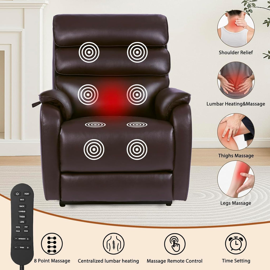 EONIX Clearance Dual Motor Lay Flat Power Lift Recliner Chair for Elderly with Heat and Massage, Electric Leather Lift Chair with Charging Ports, FSC Oeko 400lbs Heavy Duty, SLRY003061, Dark Brown