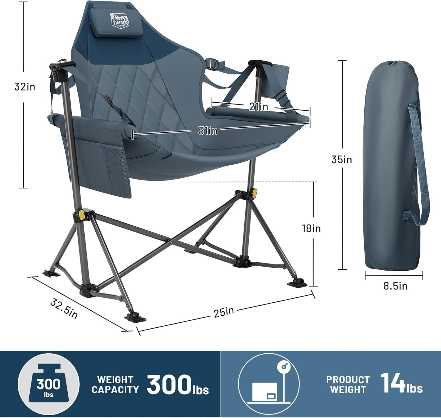 TIMBER RIDGE Hammock Camping Chair with Adjustable Backrest, Heavy Duty Folding Hammock Chair Supports 300lbs, Portable Hammock Chair for Camping, Travelling and Patio, Blue