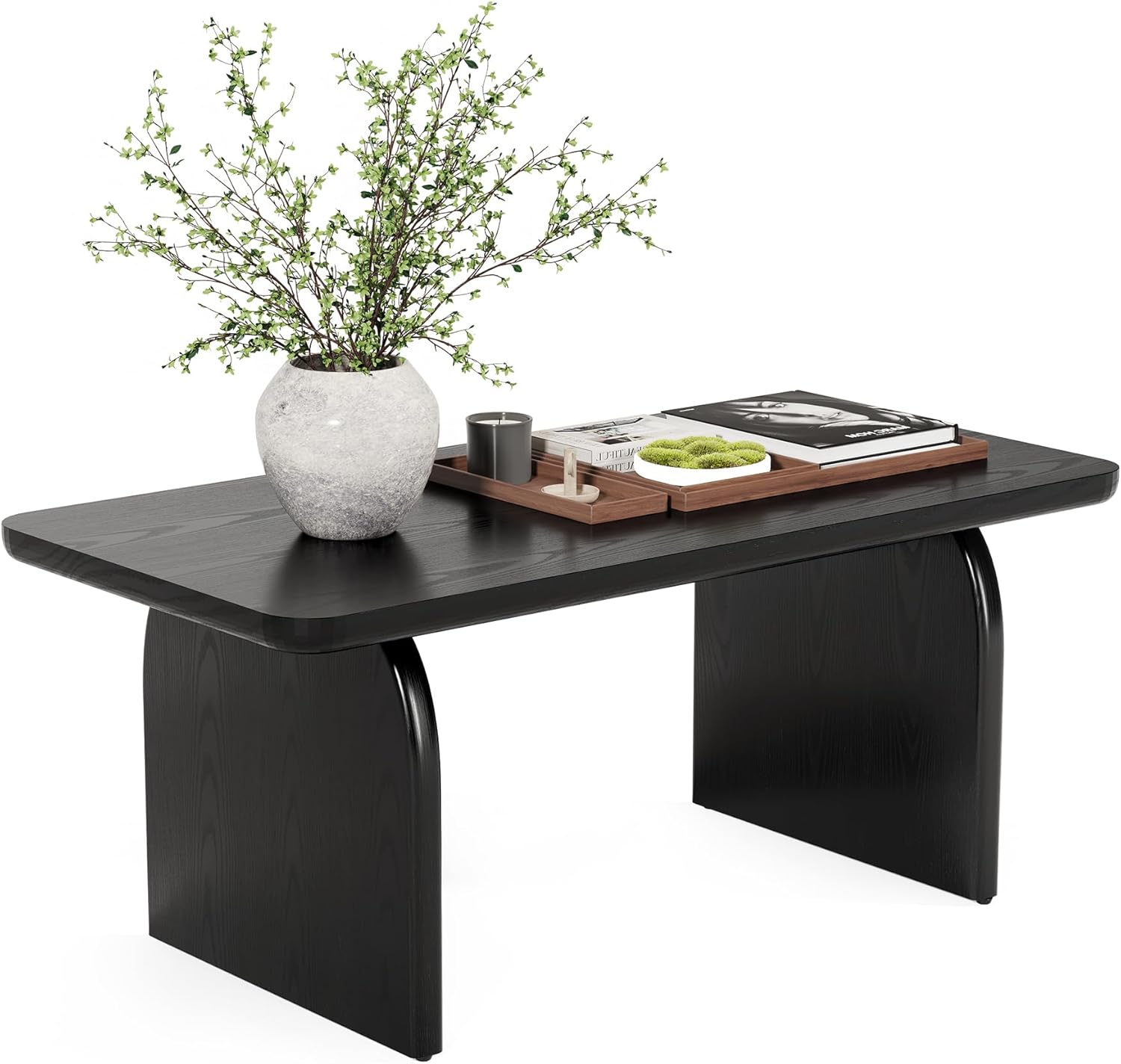 LITTLE TREE Farmhouse Coffee Table, 47 Inches Wooden Center Tables with Rounded Corners, Rectangular Living Room Tables, Modern Low Cocktail Tea Furniture for Living Room (Black)