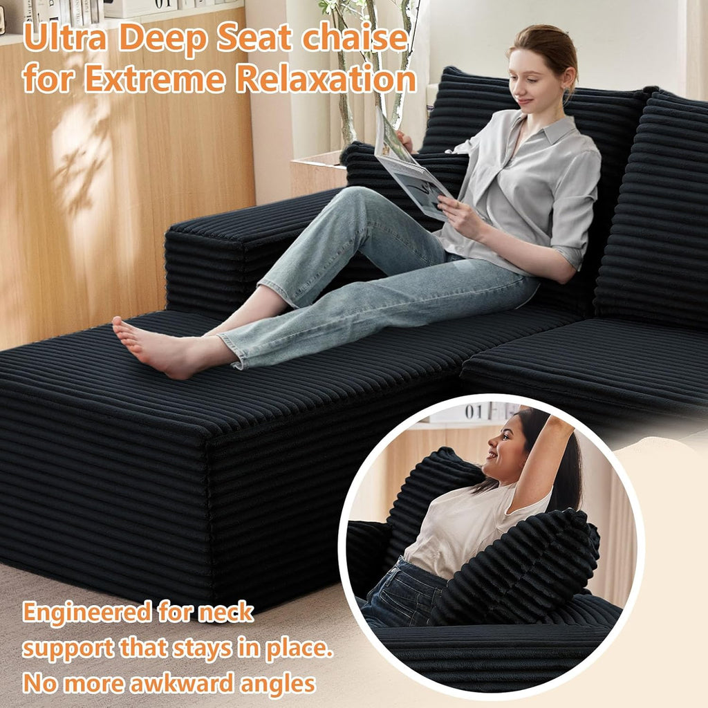 96" Modular Sectional Sofa, Modern Corduroy Cloud Couch with Deep Seat, Boneless Couch Upholstered 3-Seater L-Shaped Sofa for Living Room, No Assembly Required(Black, Left-Facing Chaise)