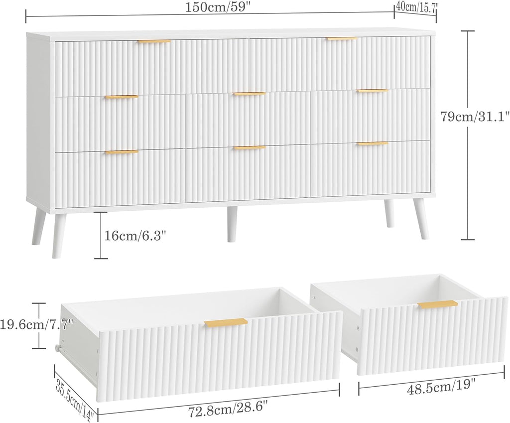 Fluted Dresser for Bedroom with 8 Drawers, Wooden Dresser with Metal Handle, Modern Storage Organizer for Bedroom, Wood Closet for Hallway, Living Room,White BDR104W