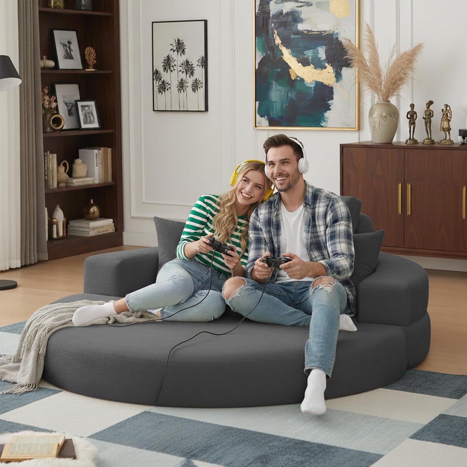 71" Boneless Couch Sofa Bed Oversized Round Couch 2-in-1 Foldable Floor Loveseat Sofa for Living Room and Apartment No Assembly(Gray, 71")