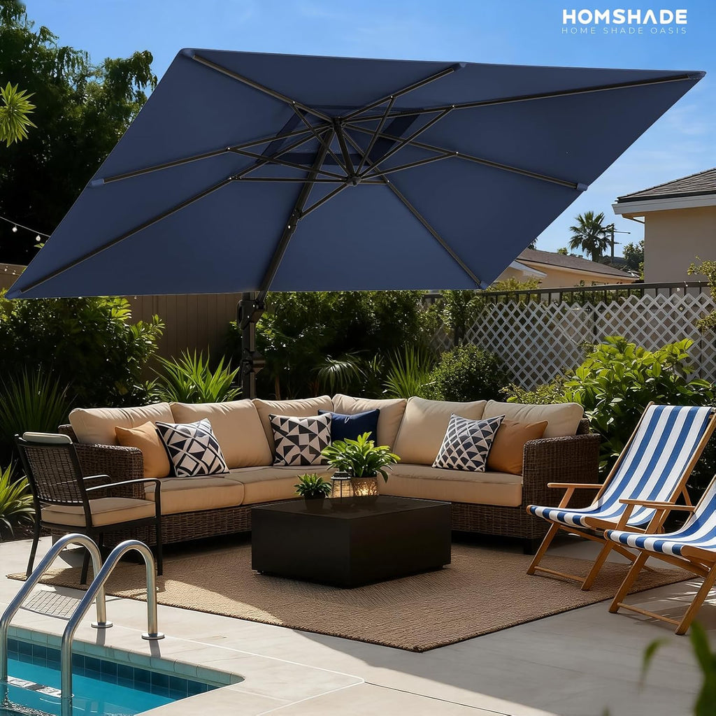 HOMSHADE 9x12FT Cantilever Patio Umbrella Outdoor with Base- Large Offset Heavy-Duty Aluminum Umbrella with 360° Rotation  6 Tilts  Windproof  3-Year Fade Resistance for Pool Deck  Navy Blue