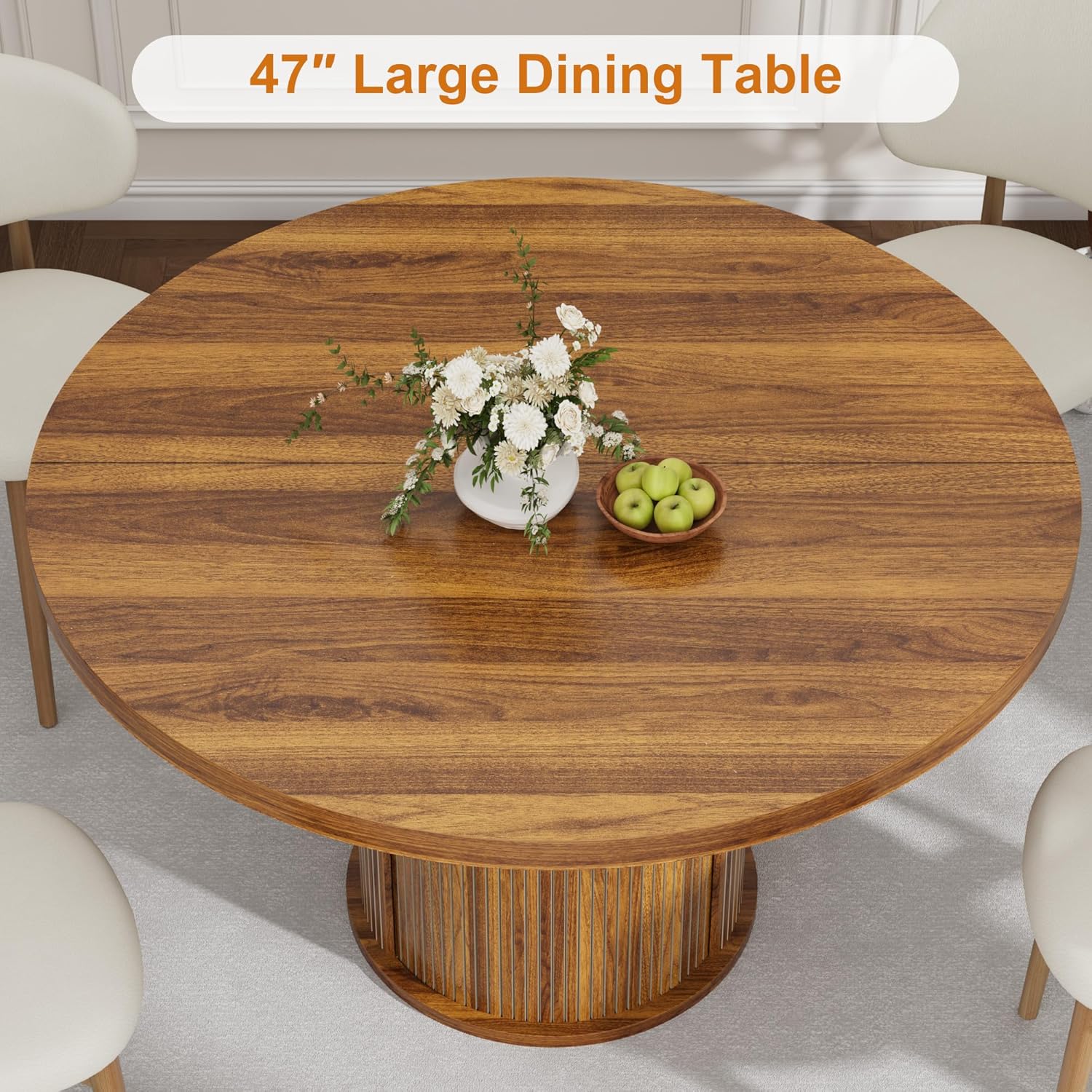 Garvee 47 Inch Round Dining Table for 4, Kitchen Table with 2-Layer Storage Shelf and a Drawer, Farmhouse Circle Dinner Table for Dining Room, Kitchen, Living Room (Table Only), Walnut