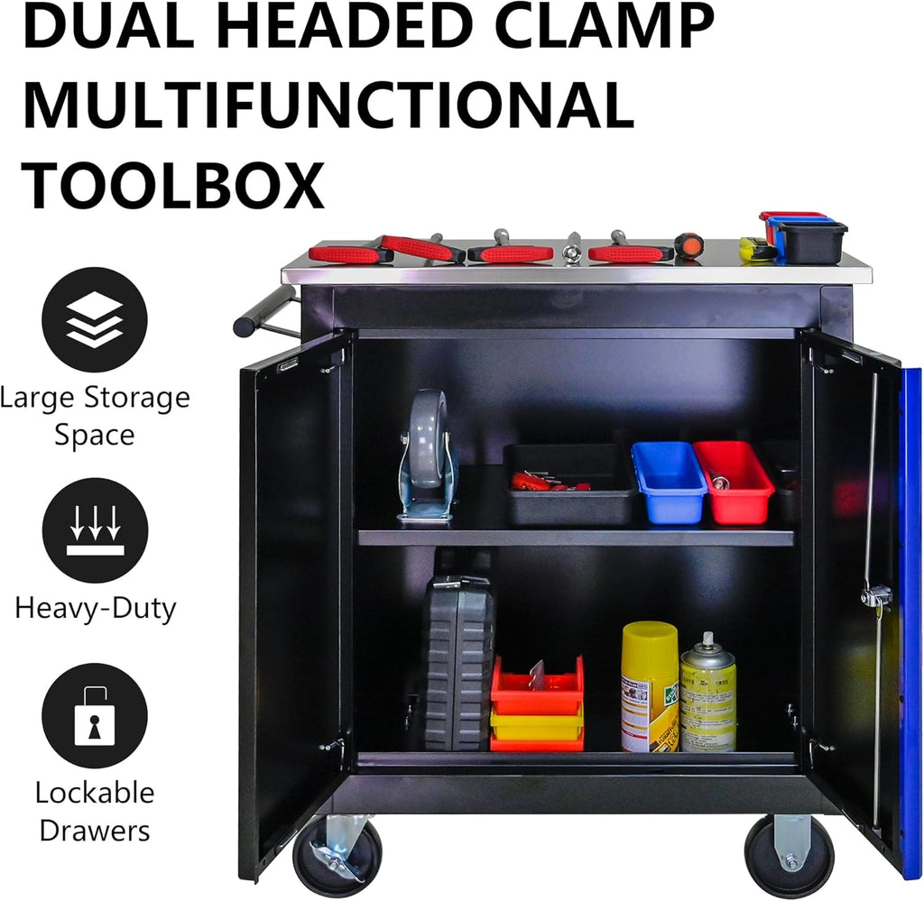 2-Door 2-Shelf Rolling Tool Chest with Stainless Steel Countertop,Tool Chest with Secure Locking System,Mobile Storage Tool Cabinet with 360°Wheels and Padded Feet,for Home,Garage(Black+Blue)