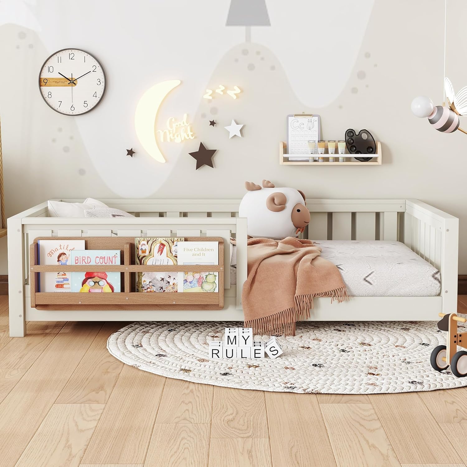 Bellemave Twin Size Kids Montessori Floor Bed Frame with Bookshelf and Guardrail,Solid Wood Floor Bed Frame with Slats for Girls Boys,Low-Profile,Beige