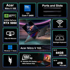 acer Nitro V 16S Gaming Laptop 16" WUXGA IPS 180Hz Intel 10-core Core 7 240H (Beats Ultra 7 268V) 32GB RAM 1TB SSD GeForce RTX 5060 DLSS4 GDDR7 (Up to 572 AI Tops) 4-Zone RGB Backlit Win11 ICP Hub