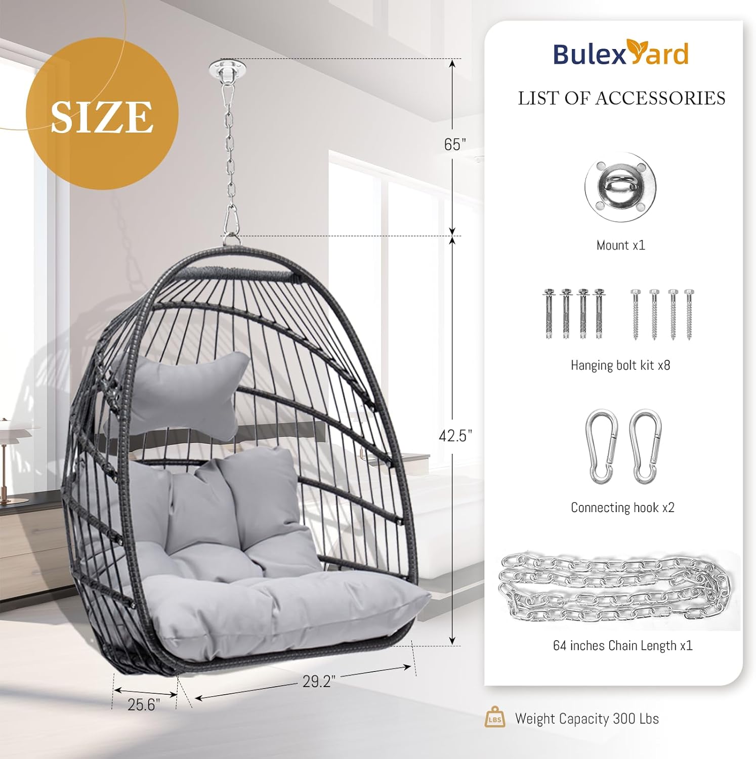 BULEXYARD Hanging Egg Chair Without Stand, 350 Lbs Foldable Wicker Rattan Swing Chair with Comfy Cushion, Outdoor Relaxing Hammock for Bedroom Patio Backyard Balcony Ceiling Tree Mount, Light Grey