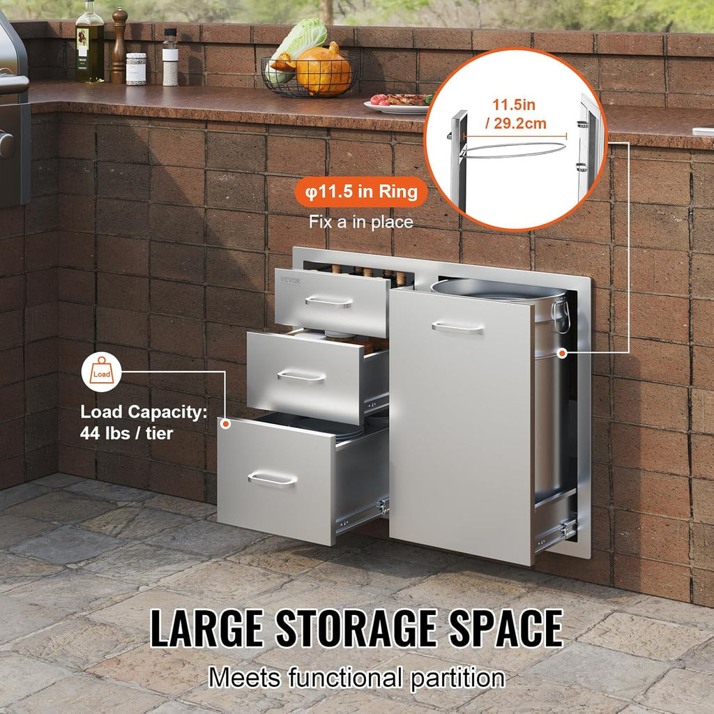 VEVOR Stainless Steel Cabinet  Outdoor Kitchen Door Drawer Combo 29.5" W x 22.6" H x 21.7" D  Access Door/Triple Drawers  Propane Drawer  Adjustable Garbage Ring  BBQ Island Patio Grill Station