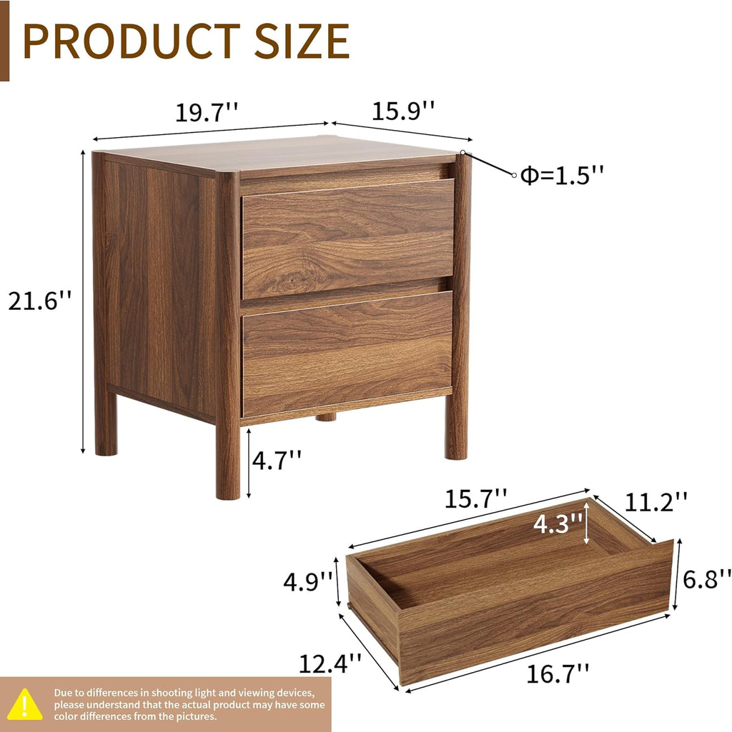 CHUWELL Mid Century Nightstand Set of 2 - Bedside Table with 2 Drawers and 4 Sturdy Solid Wood, End Table for for Bedroom (Walnut)