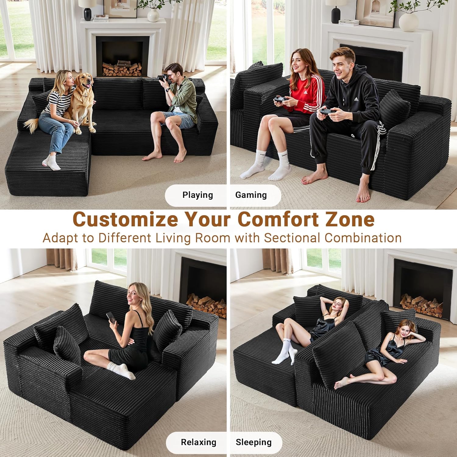 97" Cloud Sectional Couch, Modular Boneless Couch with L-Shape Chaise, Modern Sectional Sofa with Deep Seat Corduroy Corner Foam Cloud Sofas for Living Room,No Assembly Required (Black, Left Chaise)