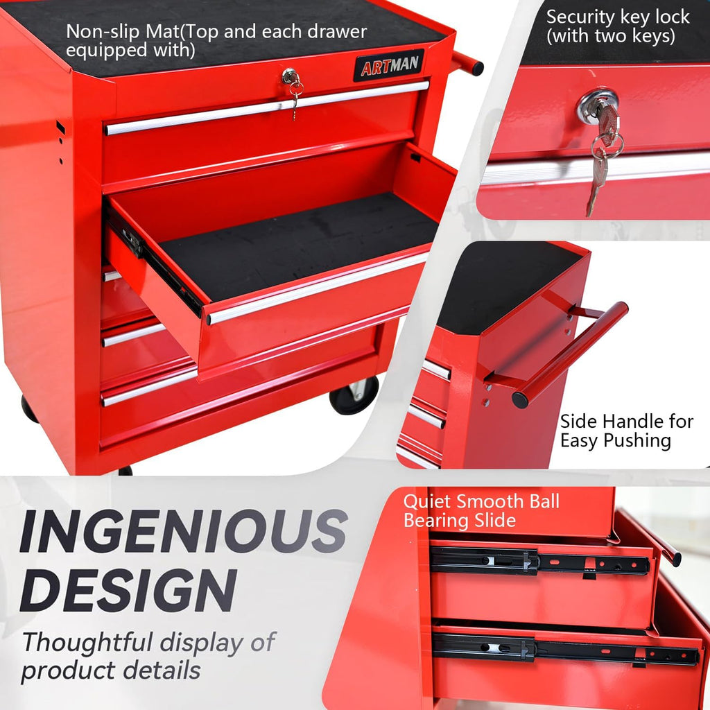 5 Drawers Tool Cart on Wheels, Rolling Tool Chest Tool Storage, Drawers Rolling Tool Trolley Organizer Tool Case for Garage,Warehouse,Workshop,Repair Shop (5 Drawers-Red)