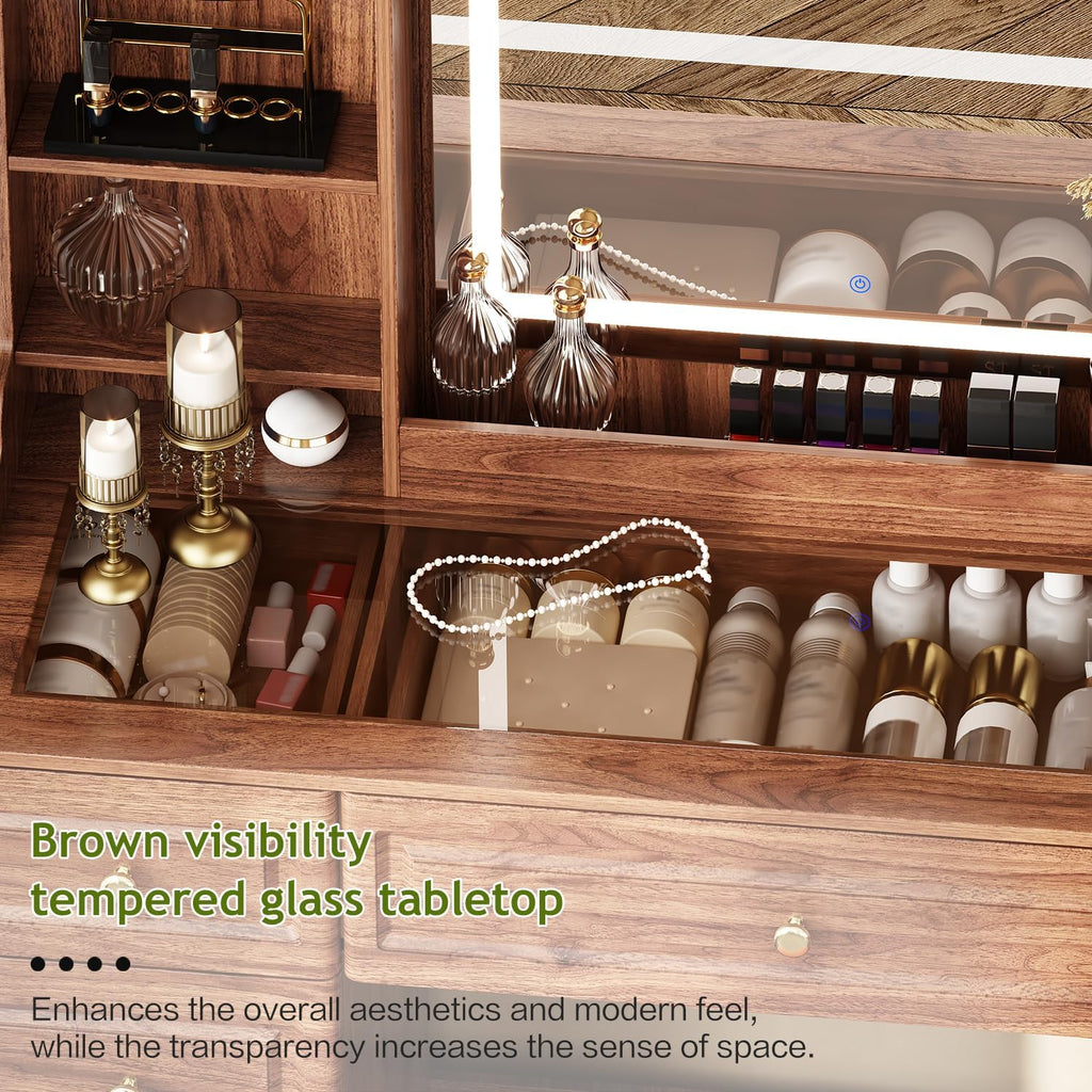 43" Makeup Vanity Desk with Mirror and Lights, & Power Outl, Glass Top Big Vanity Table with 9 Drawers& 8 Storage Shelves, Dressing Table Set with Chair for Bedroom, Brown