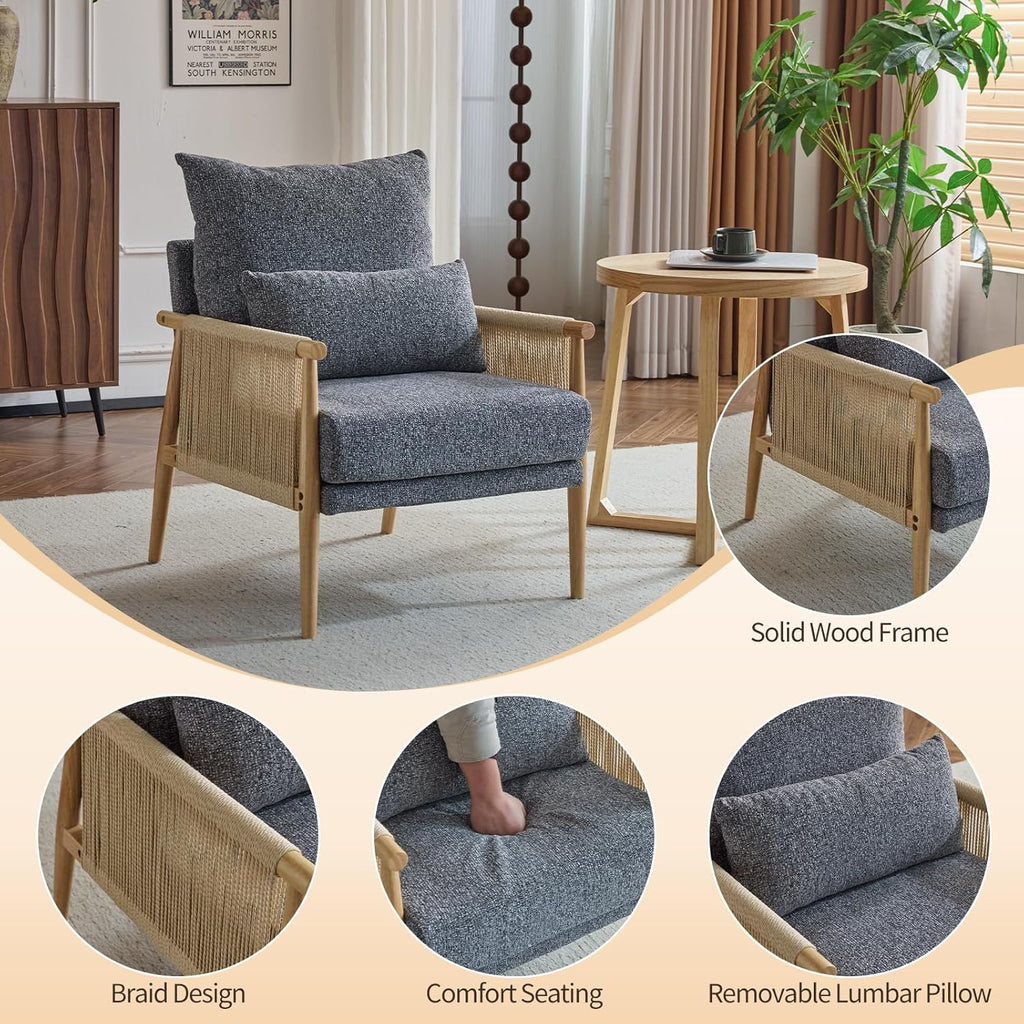 Karl home Cozy Chenille Accent Chair with Lumbar Pillow & Rattan Arms Modern Lounge Chair for Living Room, Bedroom, Reading Nook, Dark Gray