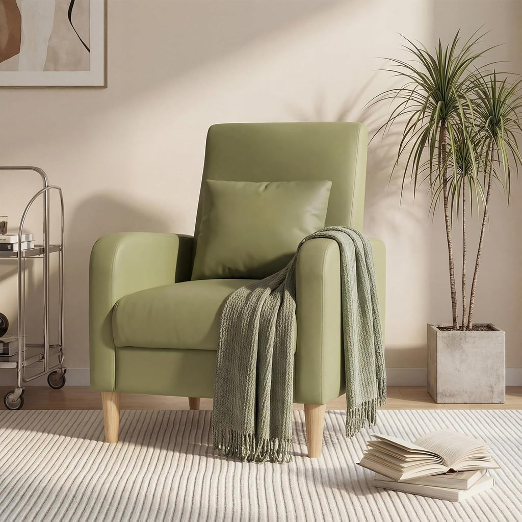 COLAMY Mid-Century Modern Upholstered Accent Chair with Back Pillow & Solid Wood Legs, Leather Cozy Armchair for Living Room, Bedroom, Reading Nook, Apartment & Small Spaces, Green
