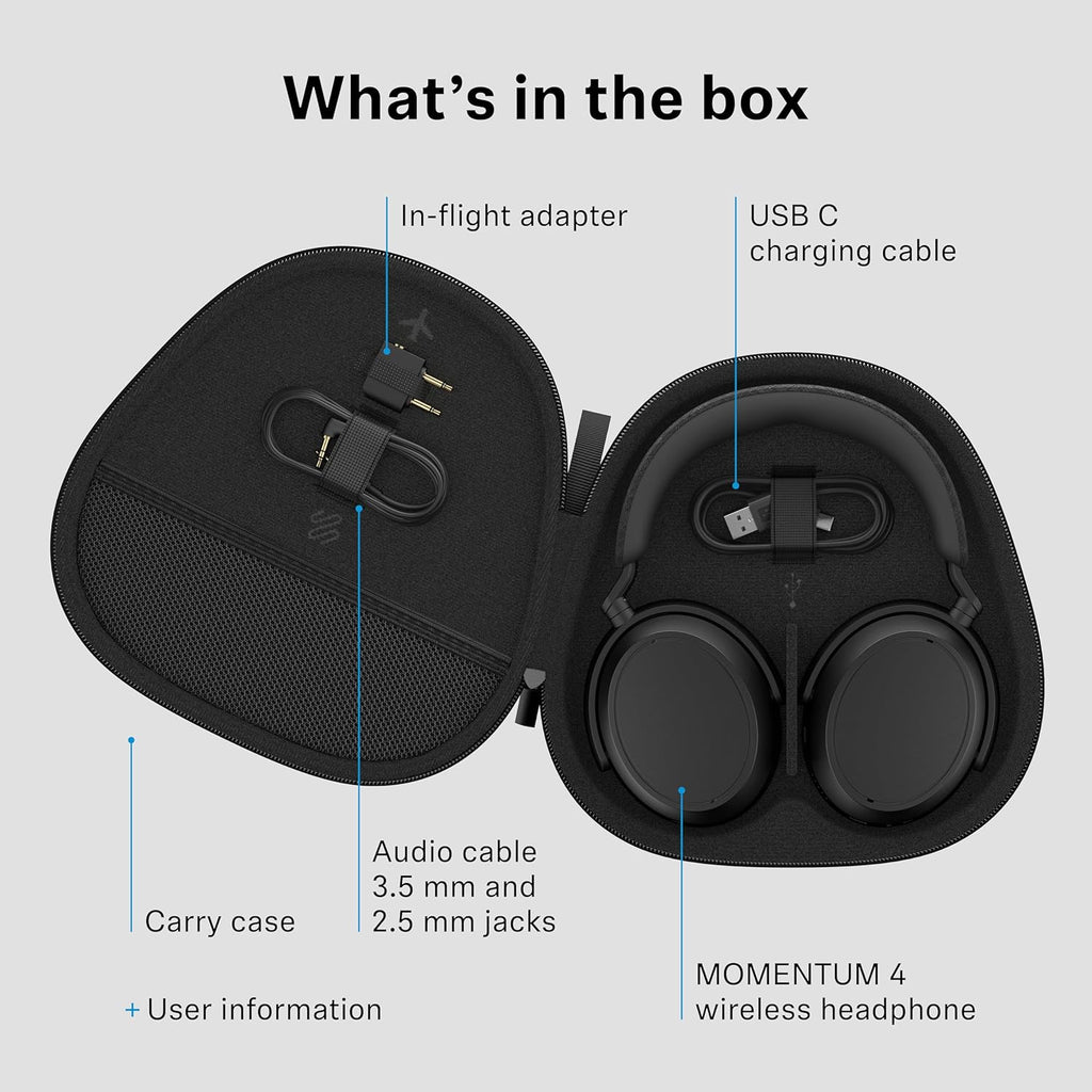 Sennheiser Momentum 4 Wireless Noise Cancelling Headphones - Bluetooth Headset for Crystal-Clear Calls with Adaptive Noise Cancellation  Over-Ear Headphones  60h Battery Life  Folding Design  Black