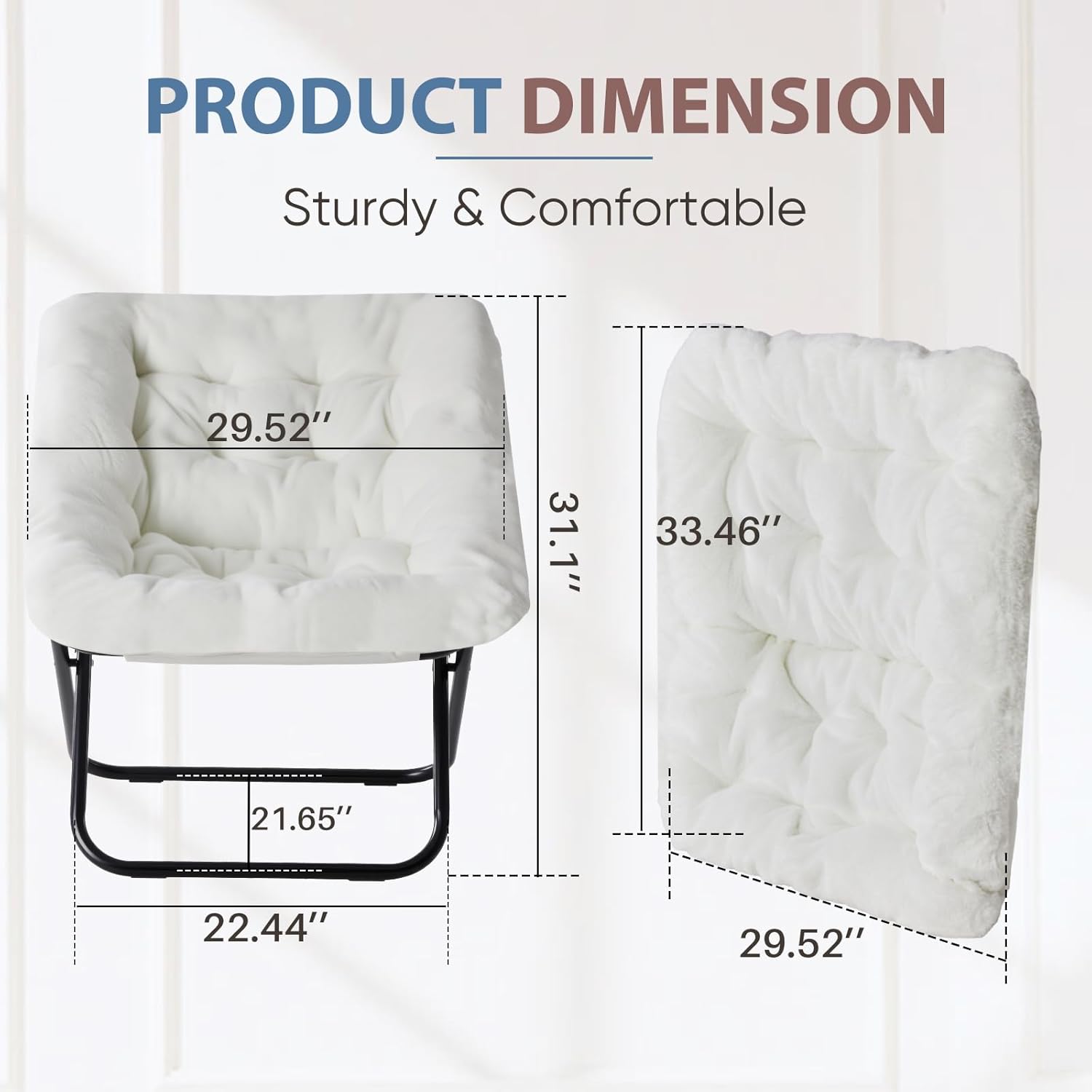 DUMOS Comfy Chair for Adults, Soft Faux Fur Folding Lounge for Bedroom Living Room Dorm Rooms Flexible Reading Chair for Teens, Large Size Foldable (Square-Creamy)