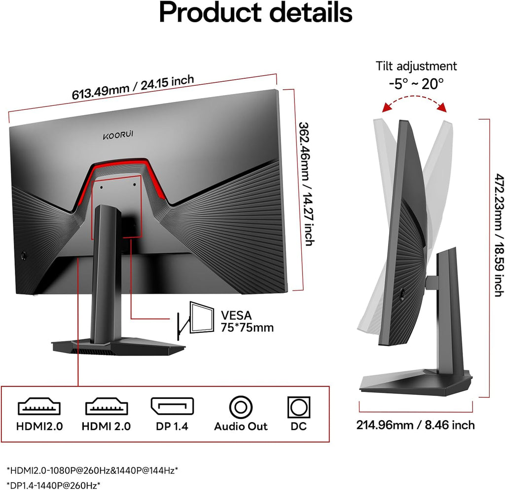KOORUI 27 inch Gaming Monitor 1440p  Monitor 2K with Fast IPS Panel  VESA Mountable Pc Monitor Gaming with HDMI & Displayport Ports  Adaptive Sync  Compatible FreeSync & G-Snyc for PC  Laptops & PS5