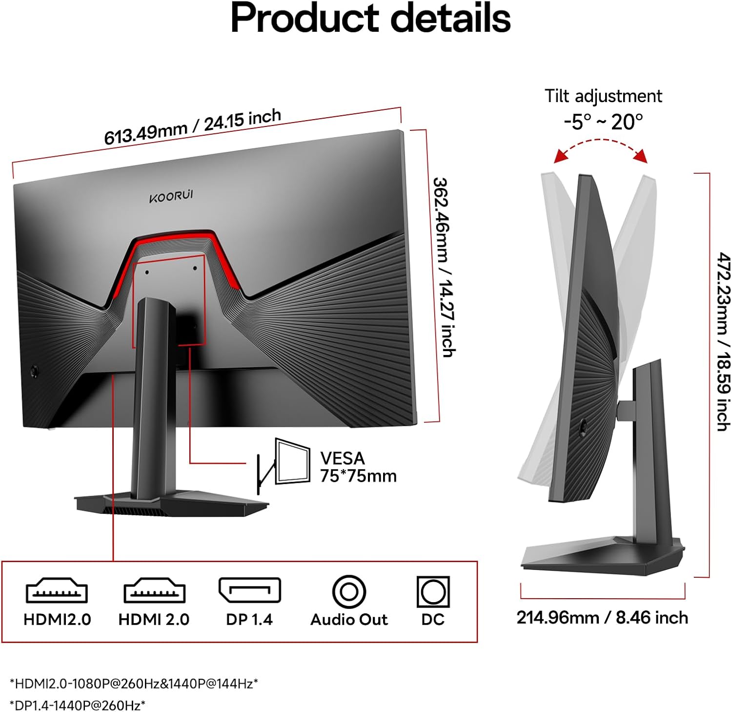 KOORUI 27 inch Gaming Monitor 1440p  Monitor 2K with Fast IPS Panel  VESA Mountable Pc Monitor Gaming with HDMI & Displayport Ports  Adaptive Sync  Compatible FreeSync & G-Snyc for PC  Laptops & PS5