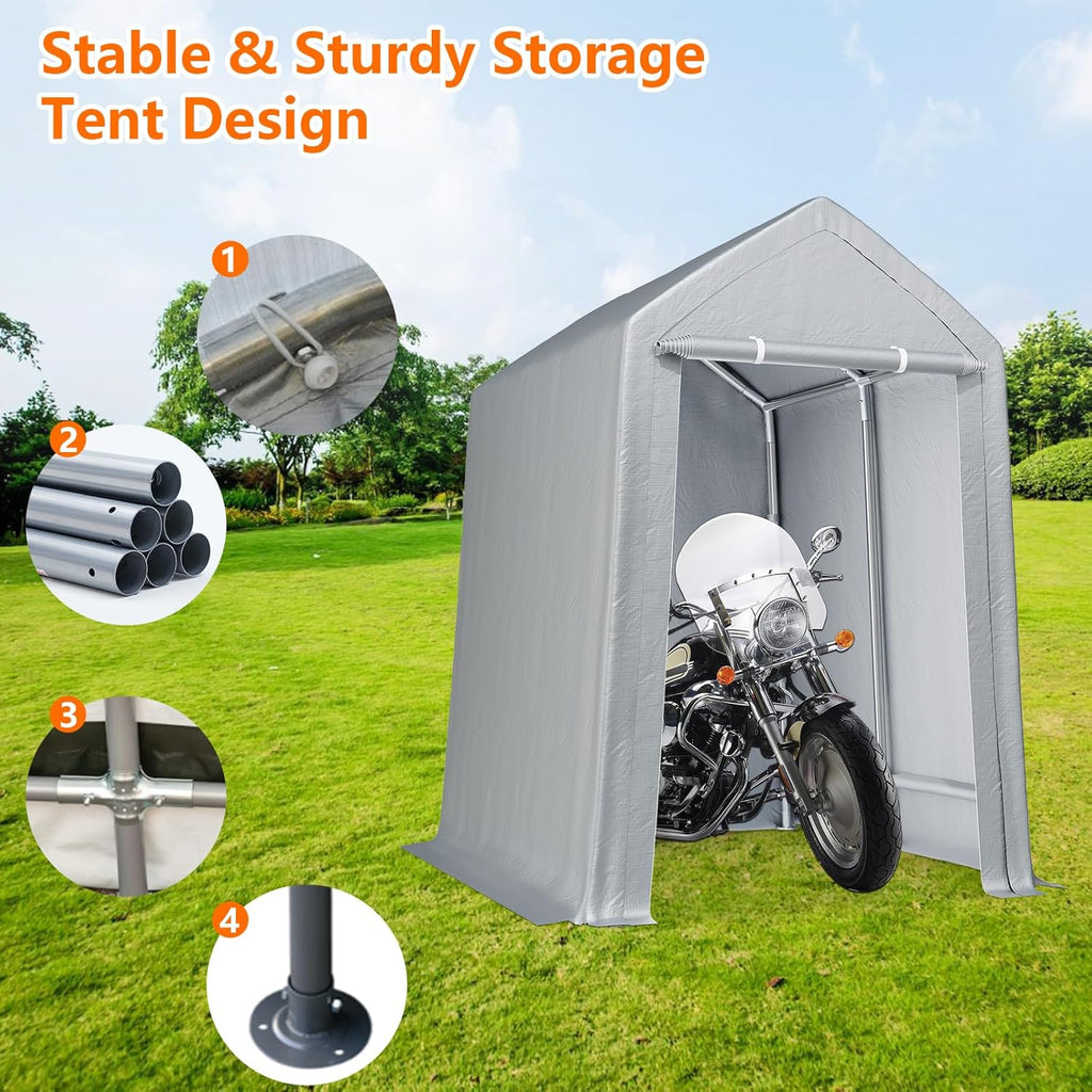 GarveeLife Carport Canopy, 6x9 ft Heavy Duty Carport Waterproof, Portable Garage With Removable Sidewalls & Doors Car Canopy With All-Season Tarp for Motorcycle, Bike, Garden Tools, Grey