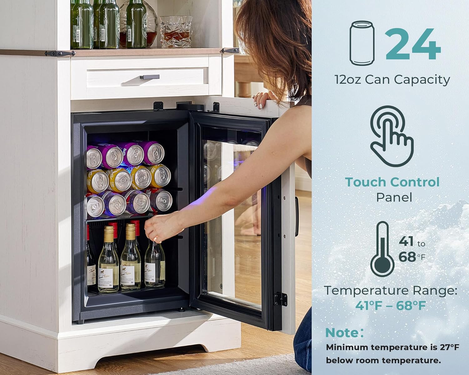Bar Cabinet with Fridge (Included), 69" Farmhouse Wine Cabinet with Storage Drawers & Adjustable Shelves, Coffee Bar Cabinet for Home bar, Dining Room, Living Room