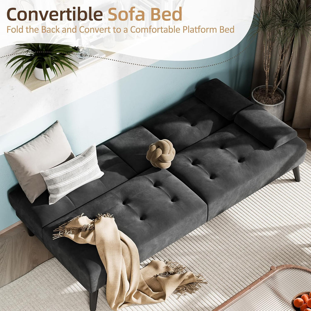 Shintenchi Futon Sofa Bed, Velvet Foldable Couch, Reclining Sleeper with Removable Armrests, Upholstered Loveseat Sofa Couch with Folding Cup Holders for Home, Office(Black)