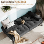Shintenchi Futon Sofa Bed, Velvet Foldable Couch, Reclining Sleeper with Removable Armrests, Upholstered Loveseat Sofa Couch with Folding Cup Holders for Home, Office(Black)
