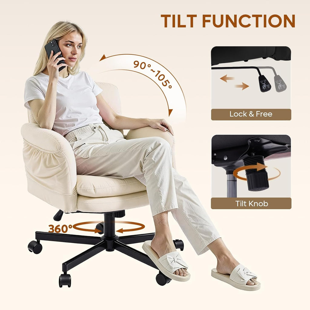 Bestier Criss Cross Office Chair with Flip-Up Arms, Vanity Comfy Chair with Thick Cushion & Wheels, Cross Legged Office Chair for Home Office, Bedroom, Beige Velvet