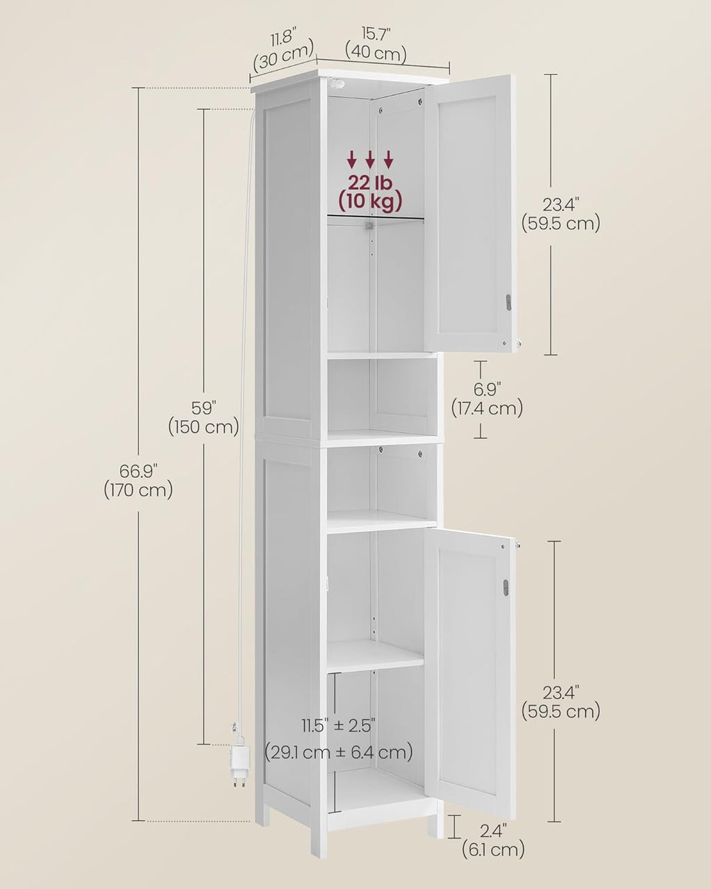 VASAGLE Tall Bathroom Cabinet with Lights, Slim Freestanding Bathroom Storage Cabinet with Adjustable Shelves, for Small Spaces, Modern, 15.7 Inches Wide, Cloud White UBBC766W02