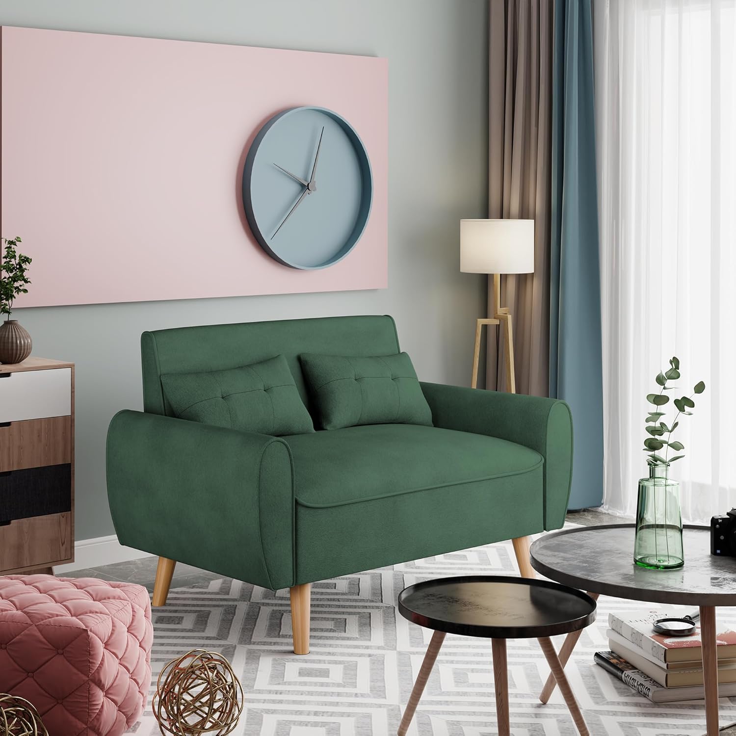 Vongrasig 47" Small Modern Loveseat Sofa, Mid Century Linen Fabric 2-Seat Sofa Couch Tufted Love Seat with Back Cushions and Tapered Legs for Living Room, Bedroom and Small Space (Green)